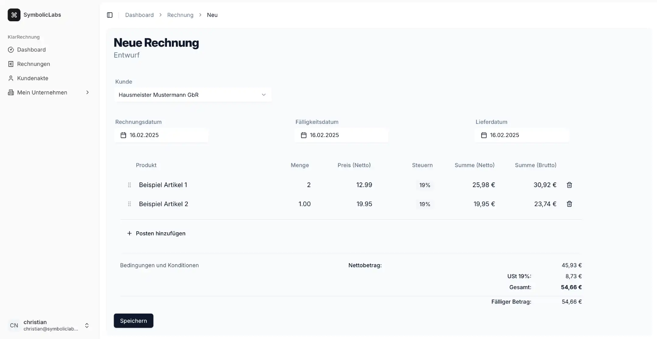 Klarrechnung Rechnungserstellung Screenshot